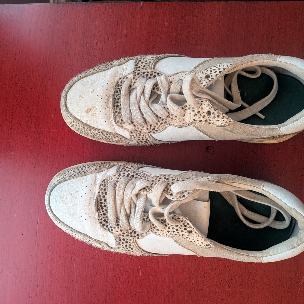 Beige And White Leopard Accent Sneakers